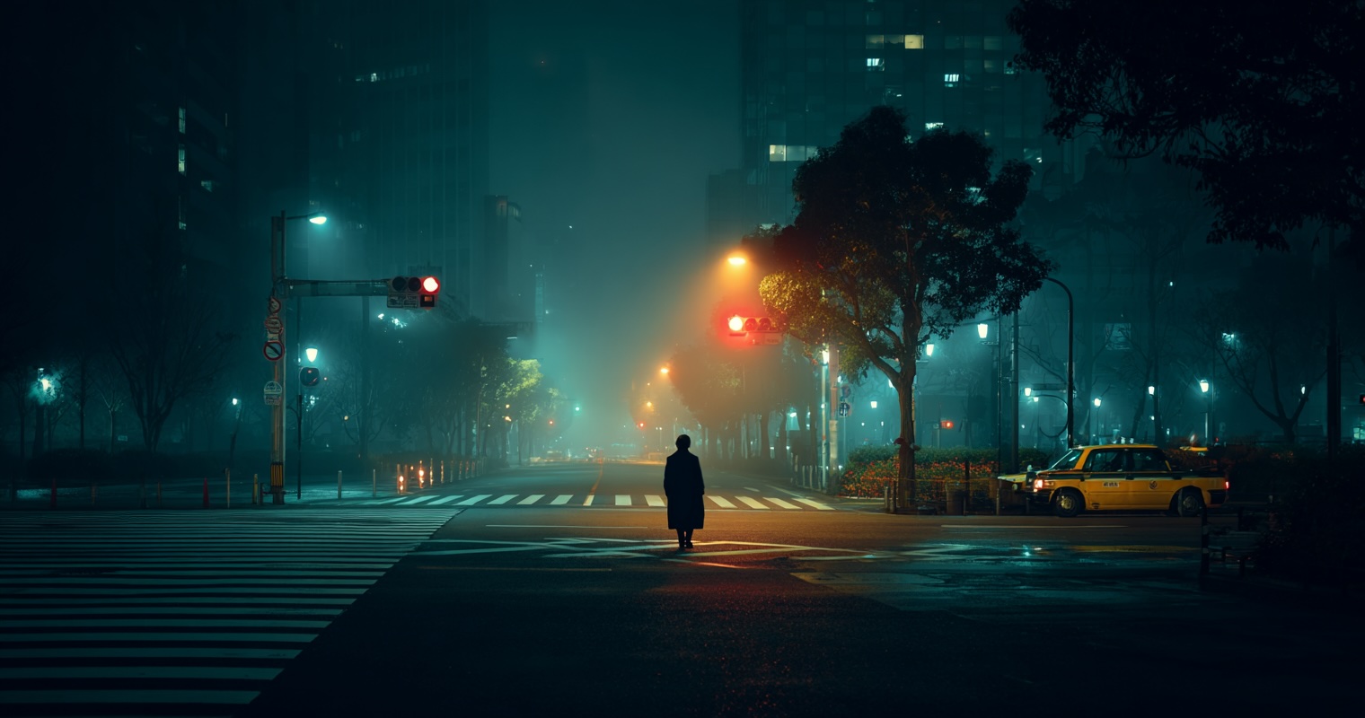 Mysterious figure walking through empty Tokyo intersection at night