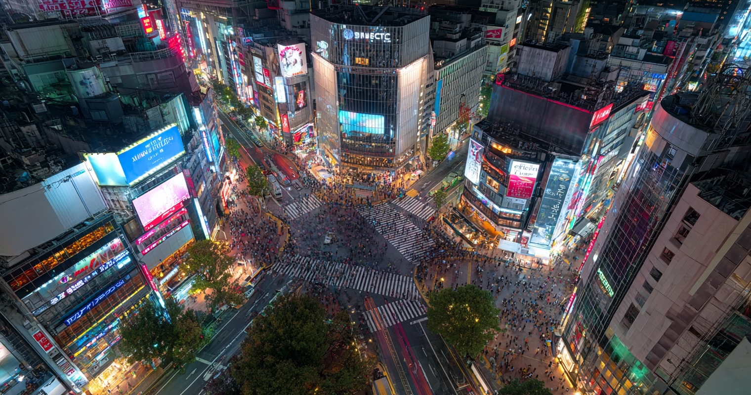 Neon-lit Tokyo streets at night with Shibuya Scramble Crossing in the background