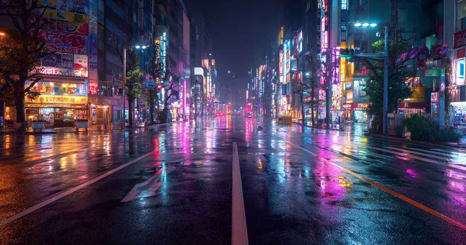 Empty Tokyo intersection with neon reflections on wet pavement