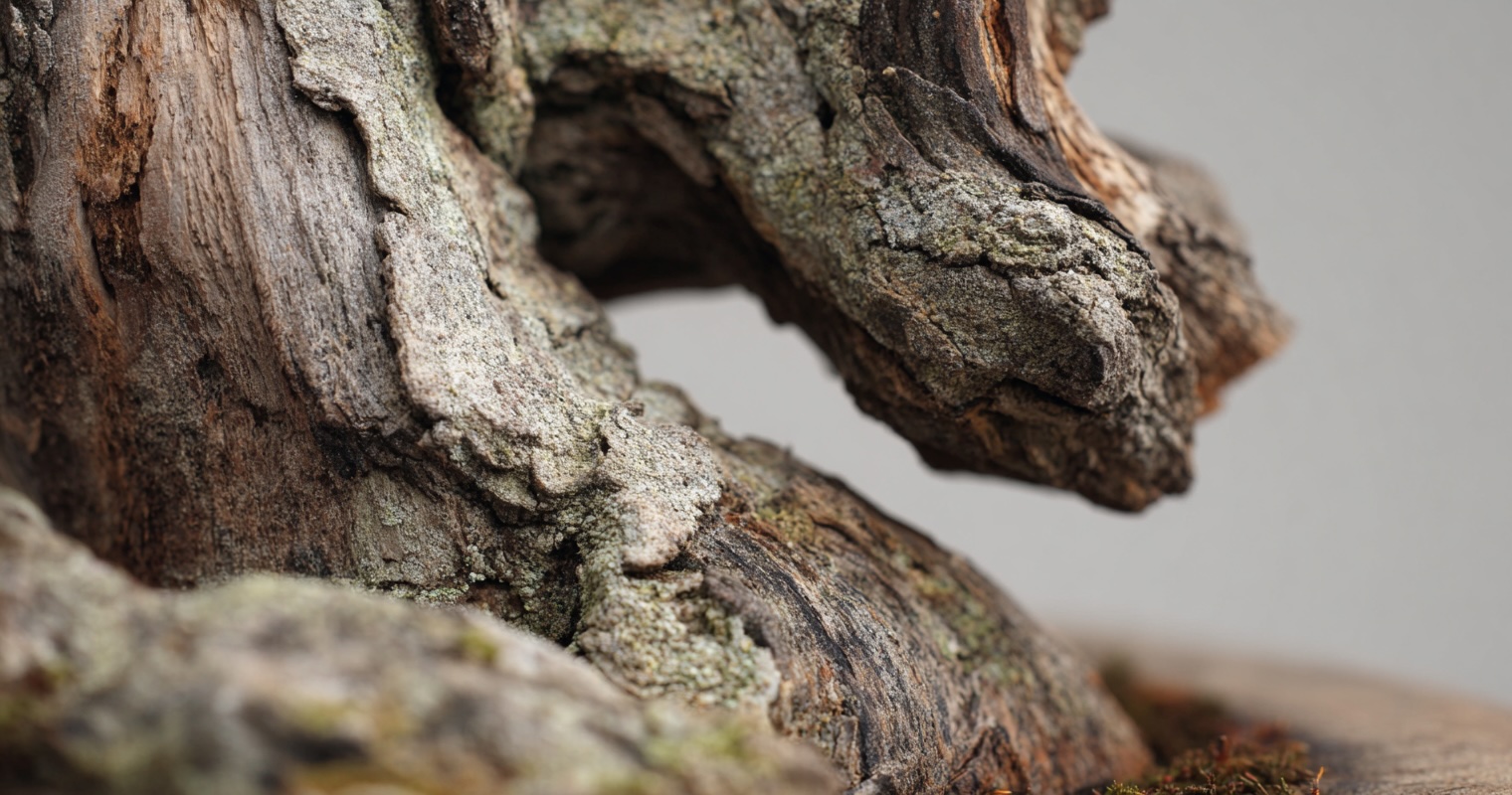 Close-up of aged bonsai trunk with textured bark