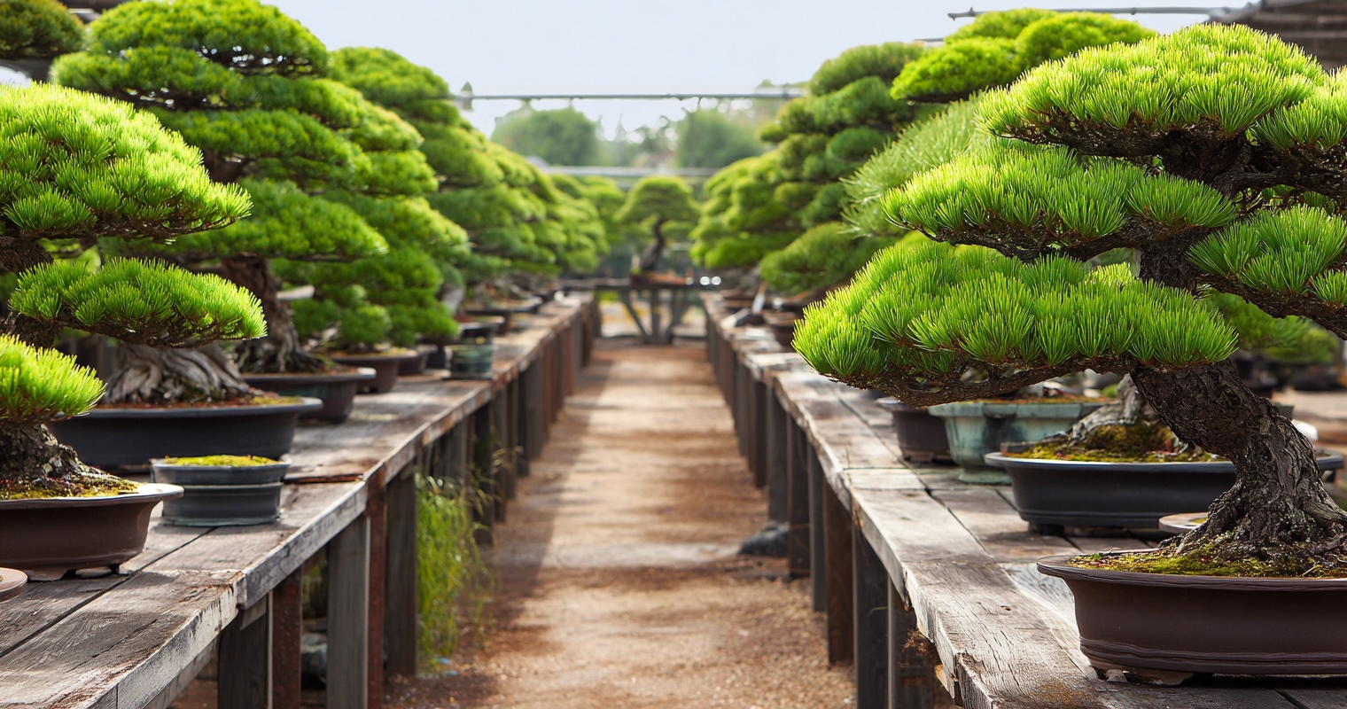 Rows of black pine bonsai growing outdoors