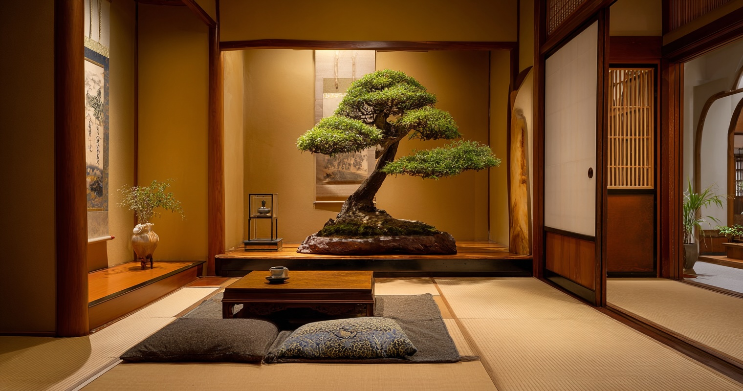 Traditional tatami room with bonsai displayed in tokonoma alcove