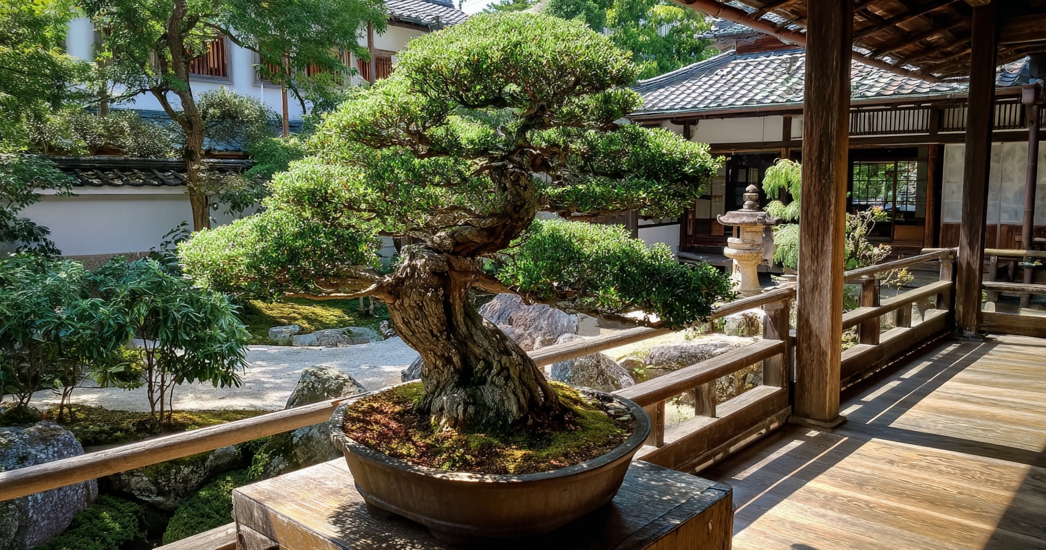 Bonsai displayed within a Kyoto temple garden setting