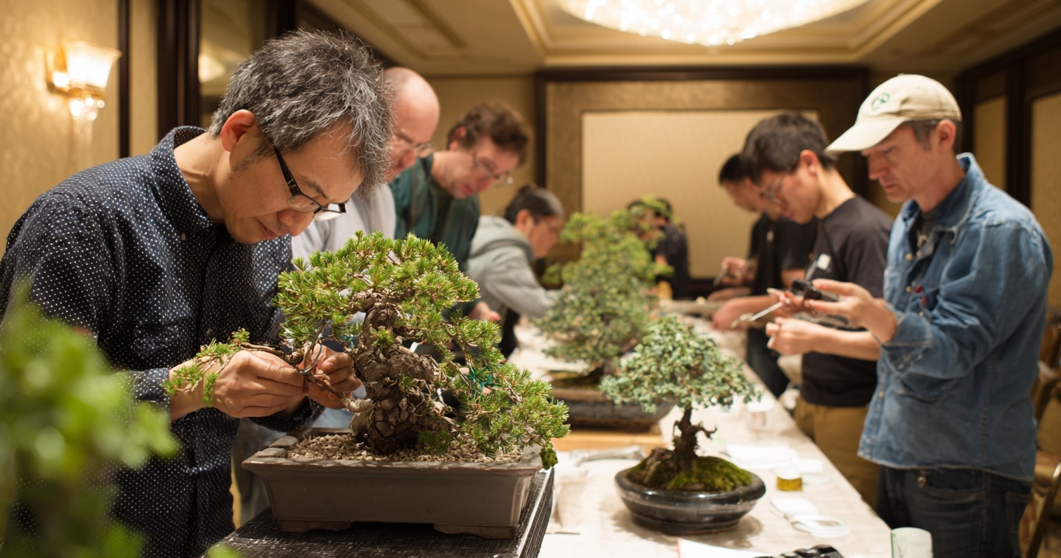 Visitors participating in bonsai wiring workshop