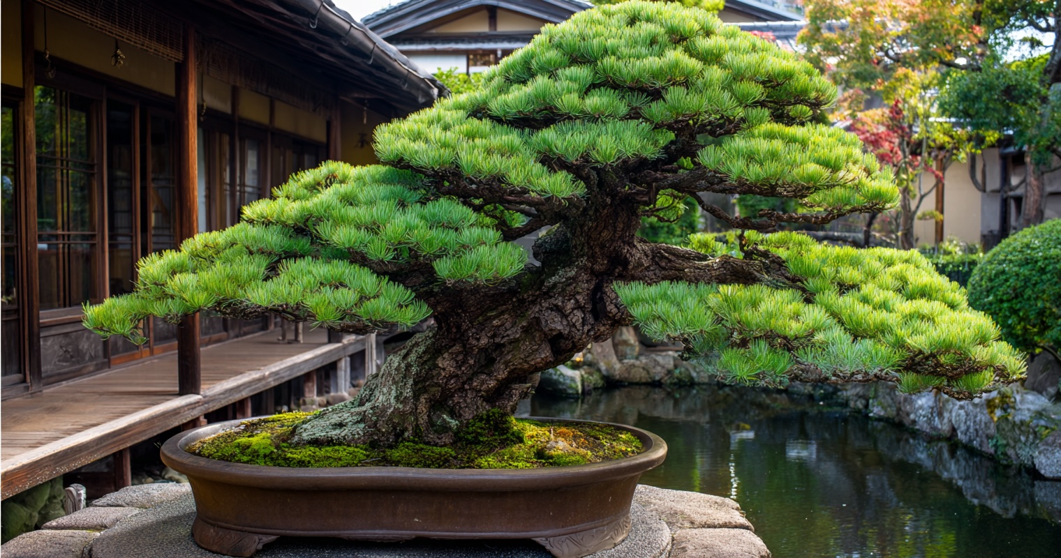 Ancient bonsai pine displayed in a traditional Japanese garden