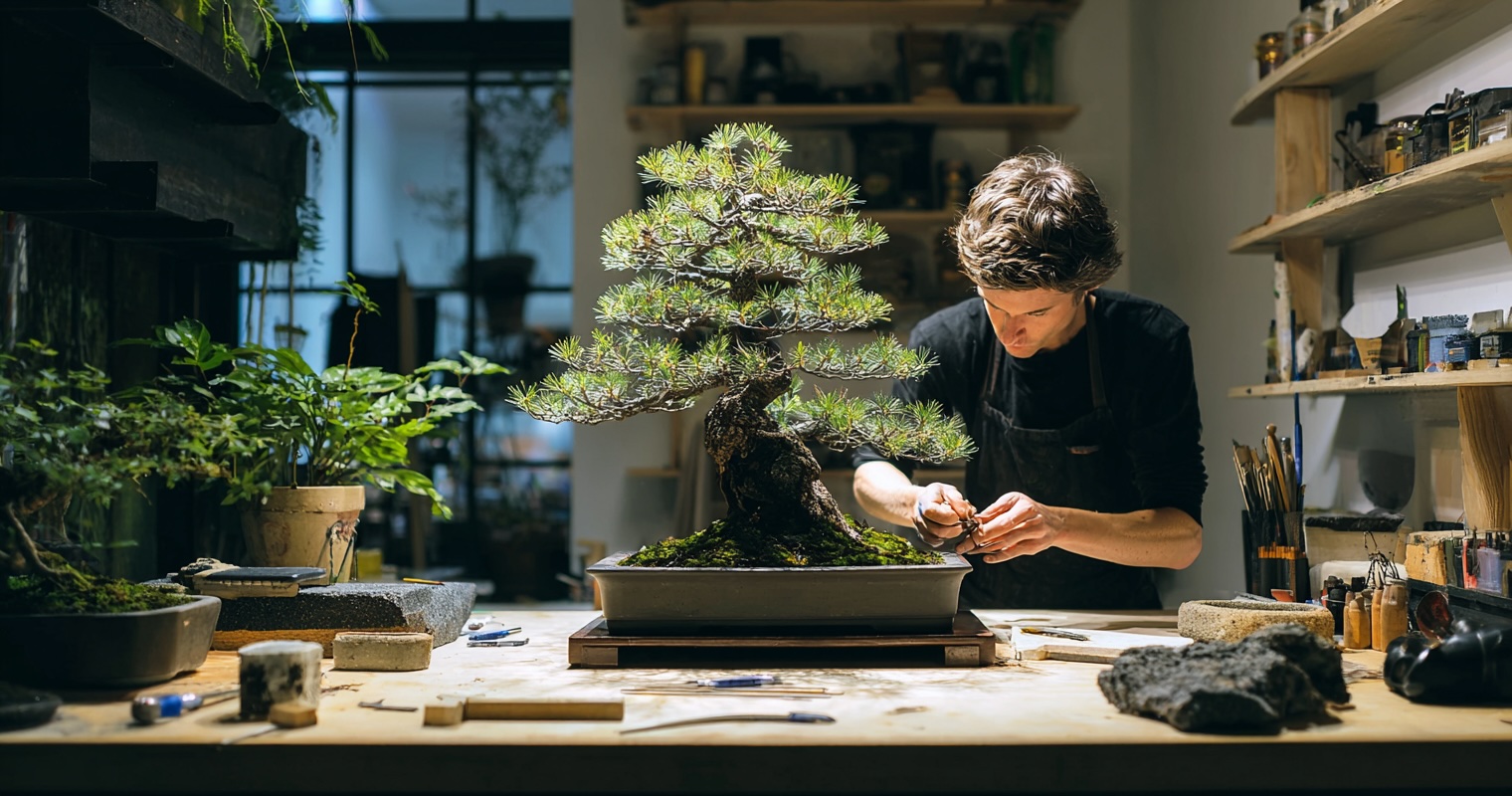 Modern bonsai studio with young artist wiring a pine tree