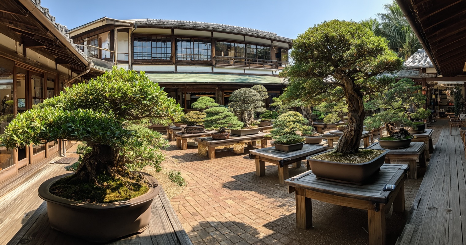 Omiya Bonsai Art Museum courtyard with multiple bonsai displays
