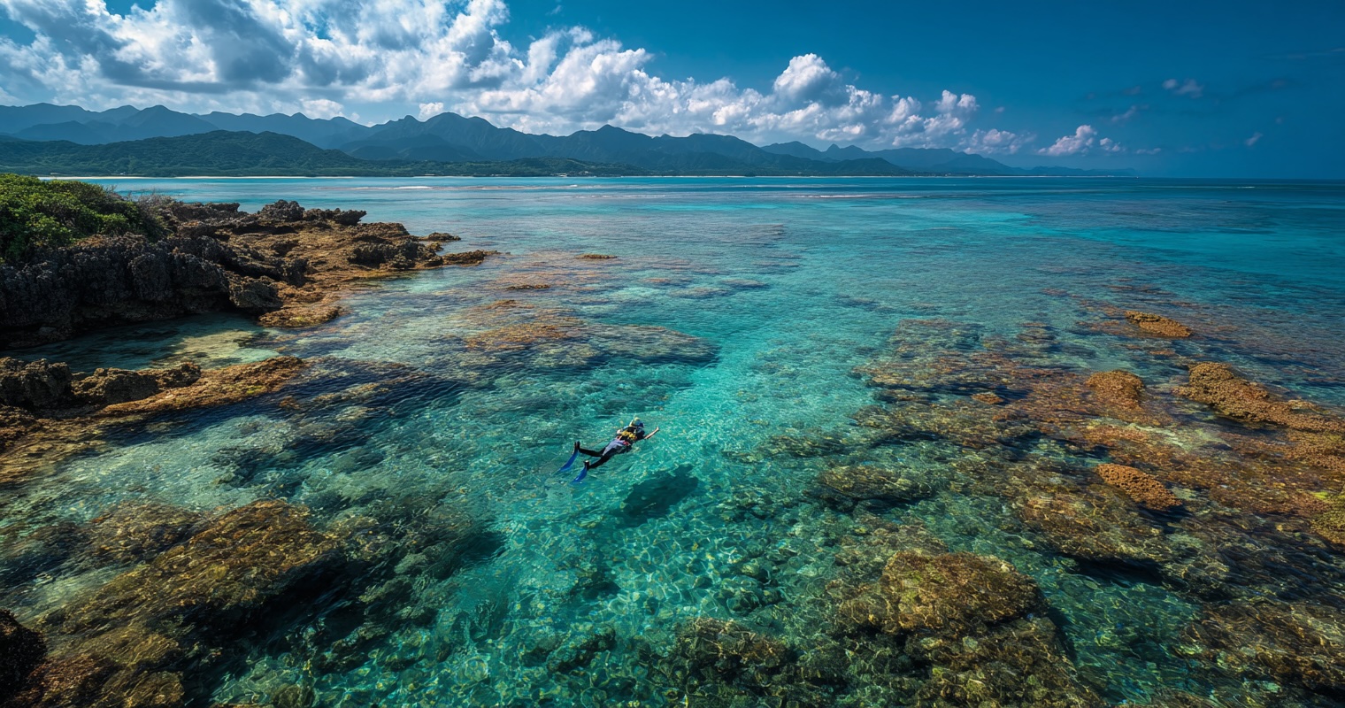 Snorkeler above coral reef, Ishigaki's Kabira Bay backdrop