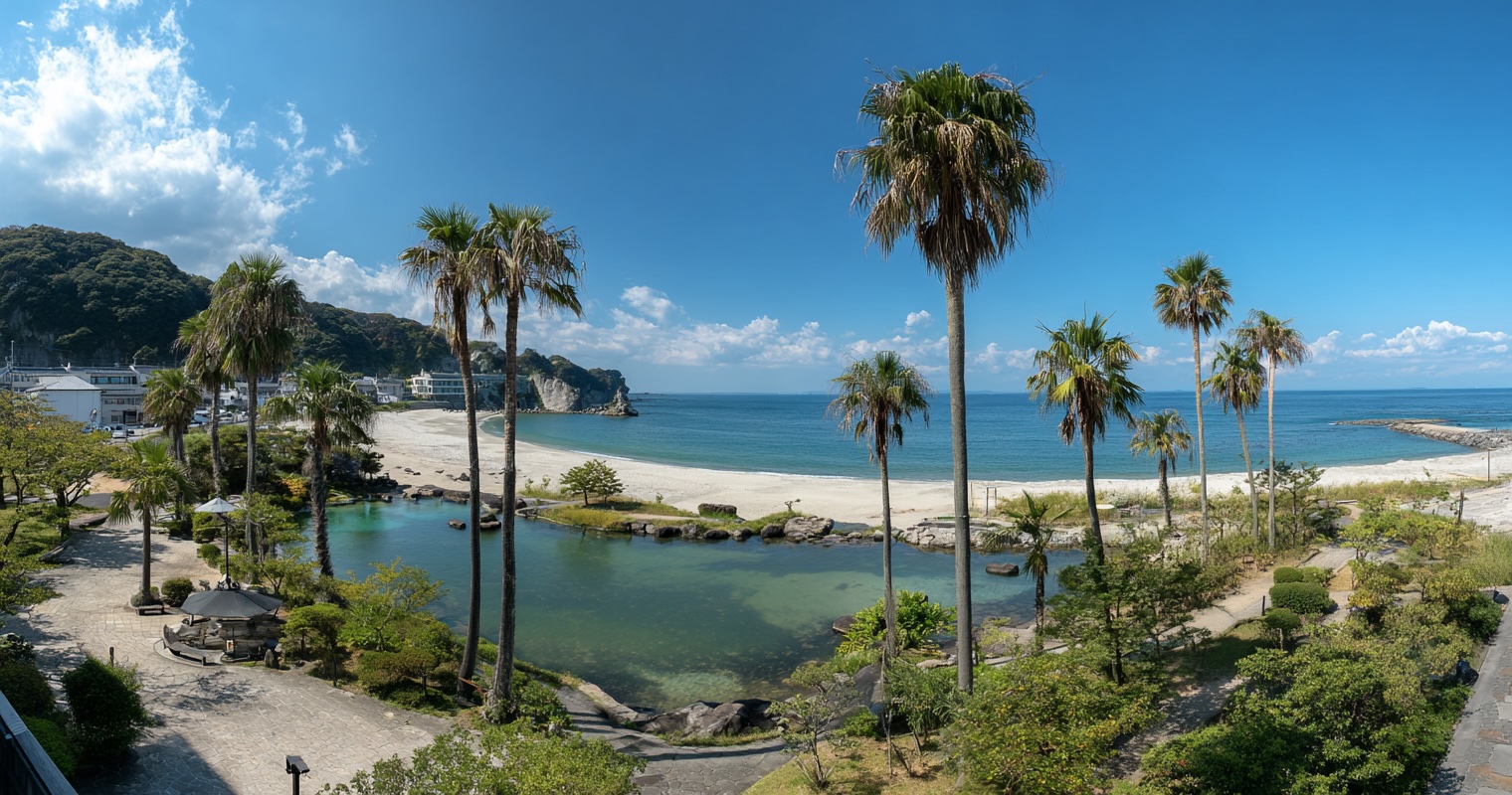 Shirahama beach with palm trees and seaside onsen