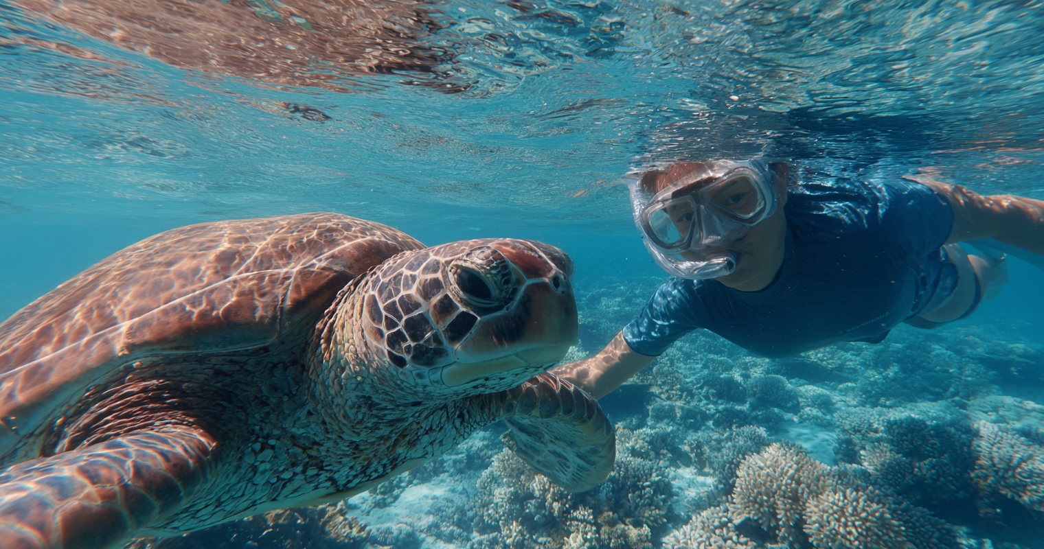 Snorkeler with turtle at Zamami Island