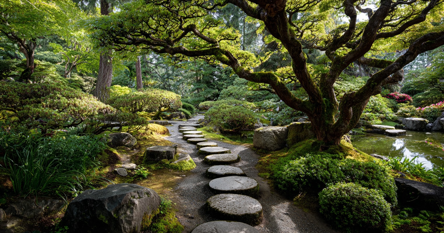 Serene Japanese garden with stone paths and mossy trees