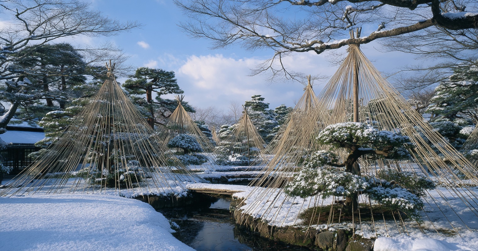 Kenroku-en garden with winter rope lattices