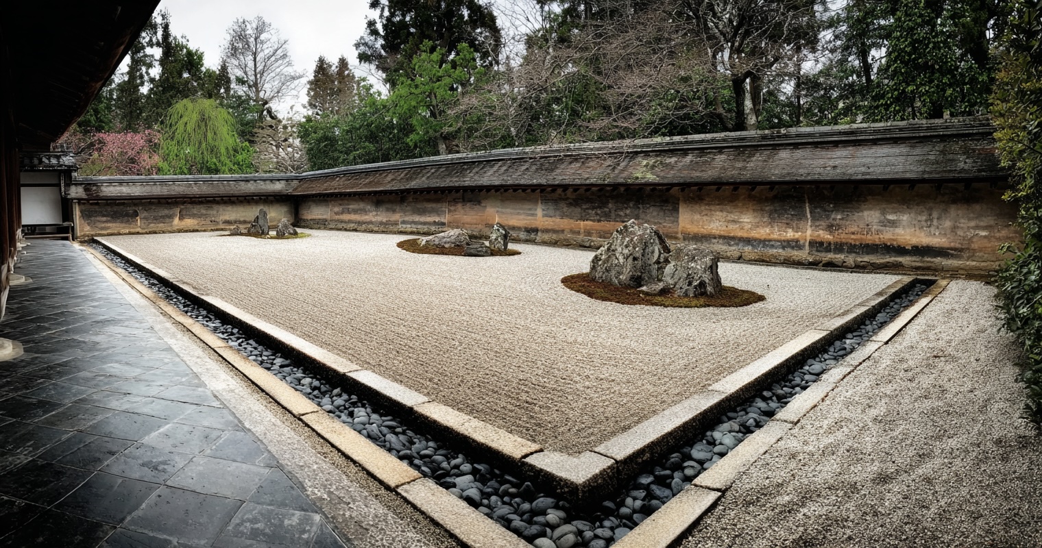 Ryoan-ji rock garden with raked gravel