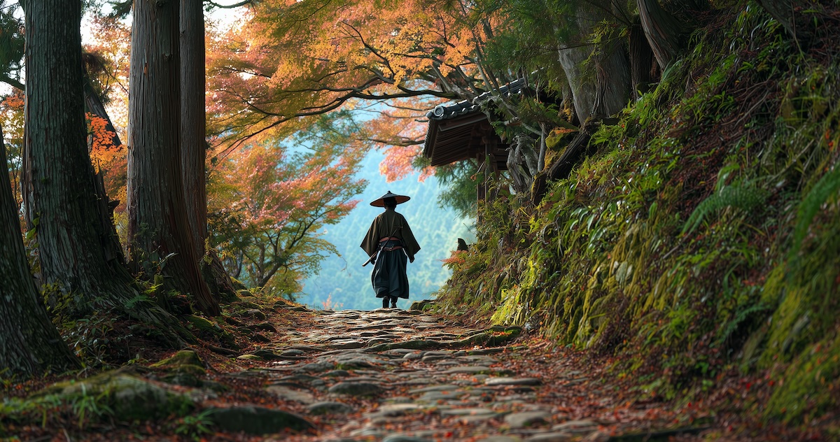 Stone-paved Nakasendō trail through cedar forest with Edo-era post town