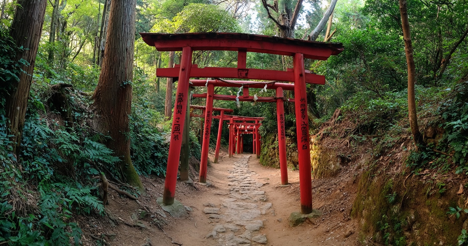 Forest path at Sasuke Inari Shrine with red torii gates