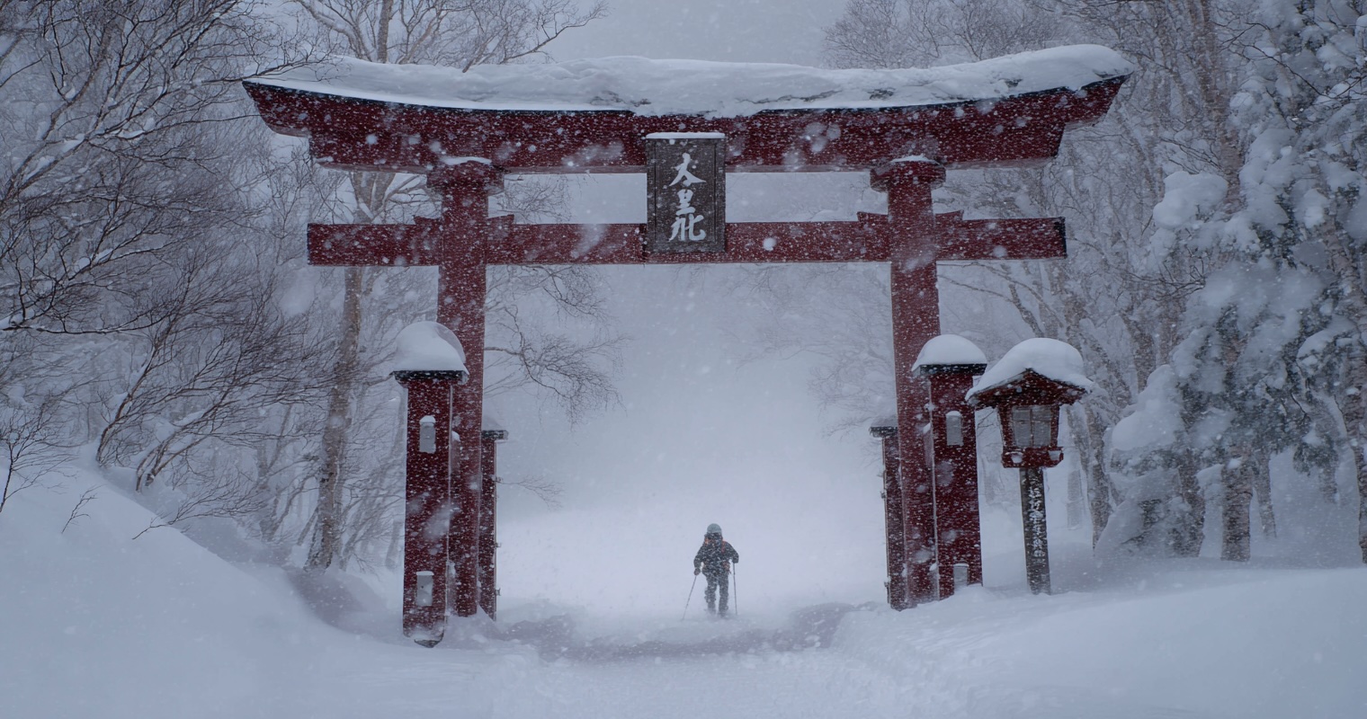 Snow-covered torii gate in Hokkaido with falling powder snow
