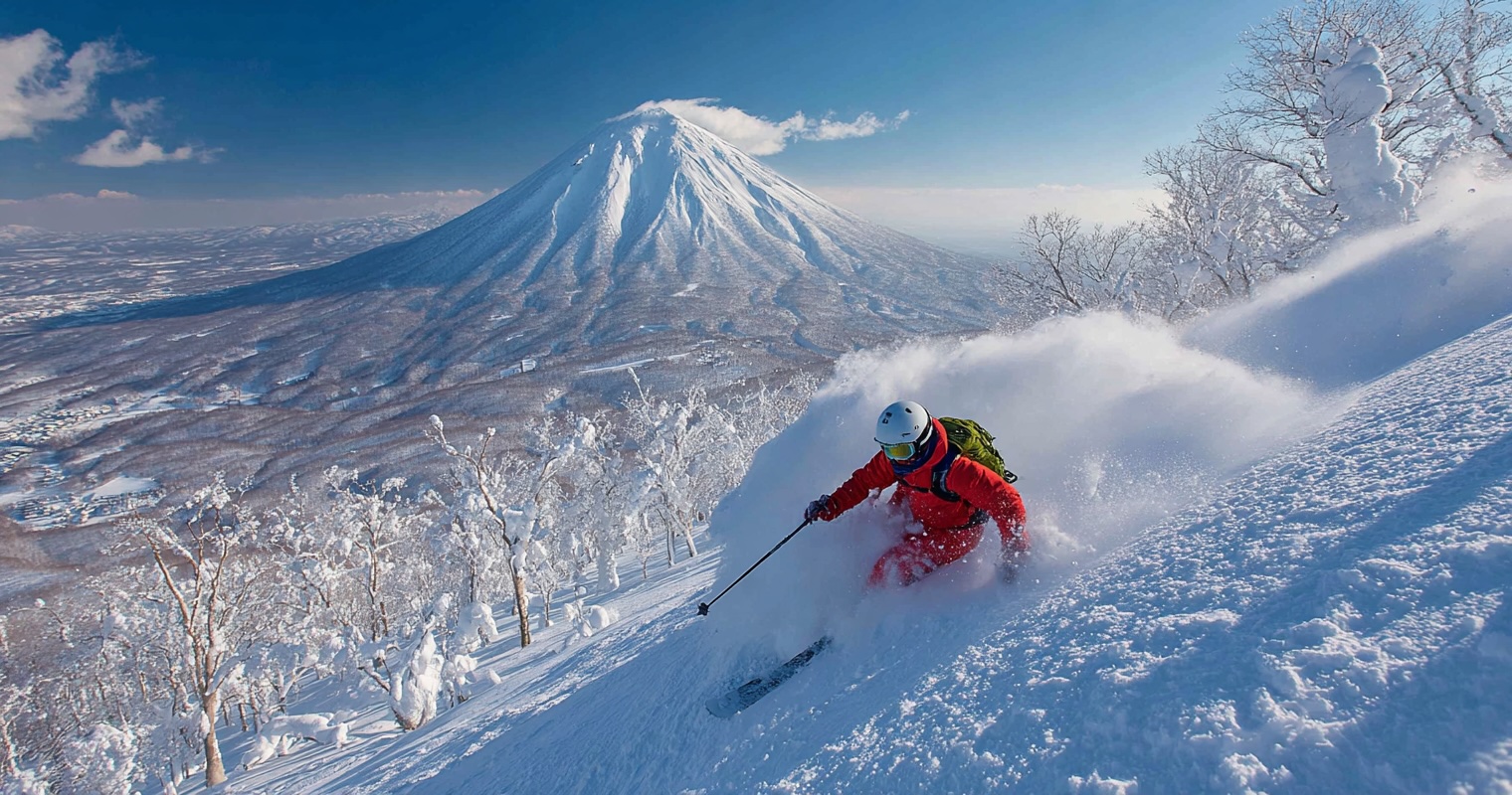 Skier carving through deep powder in Niseko with Mount Yotei in background
