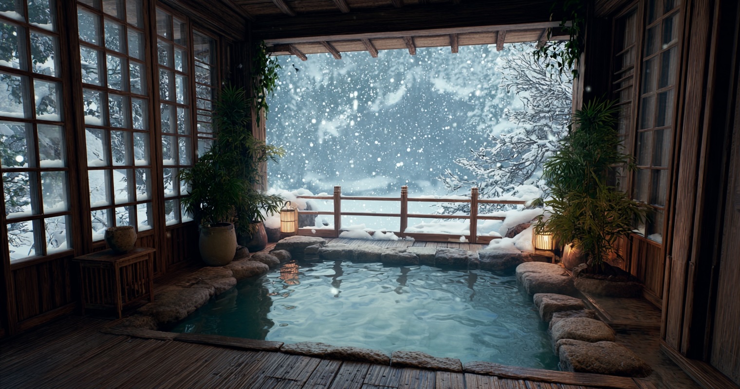 Traditional onsen bath with snow falling outside