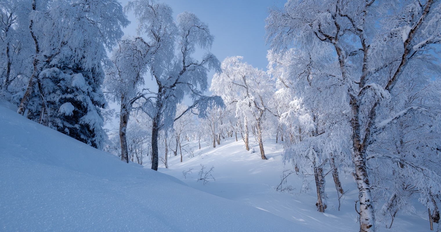 Snow-covered trees in Rusutsu with untouched powder