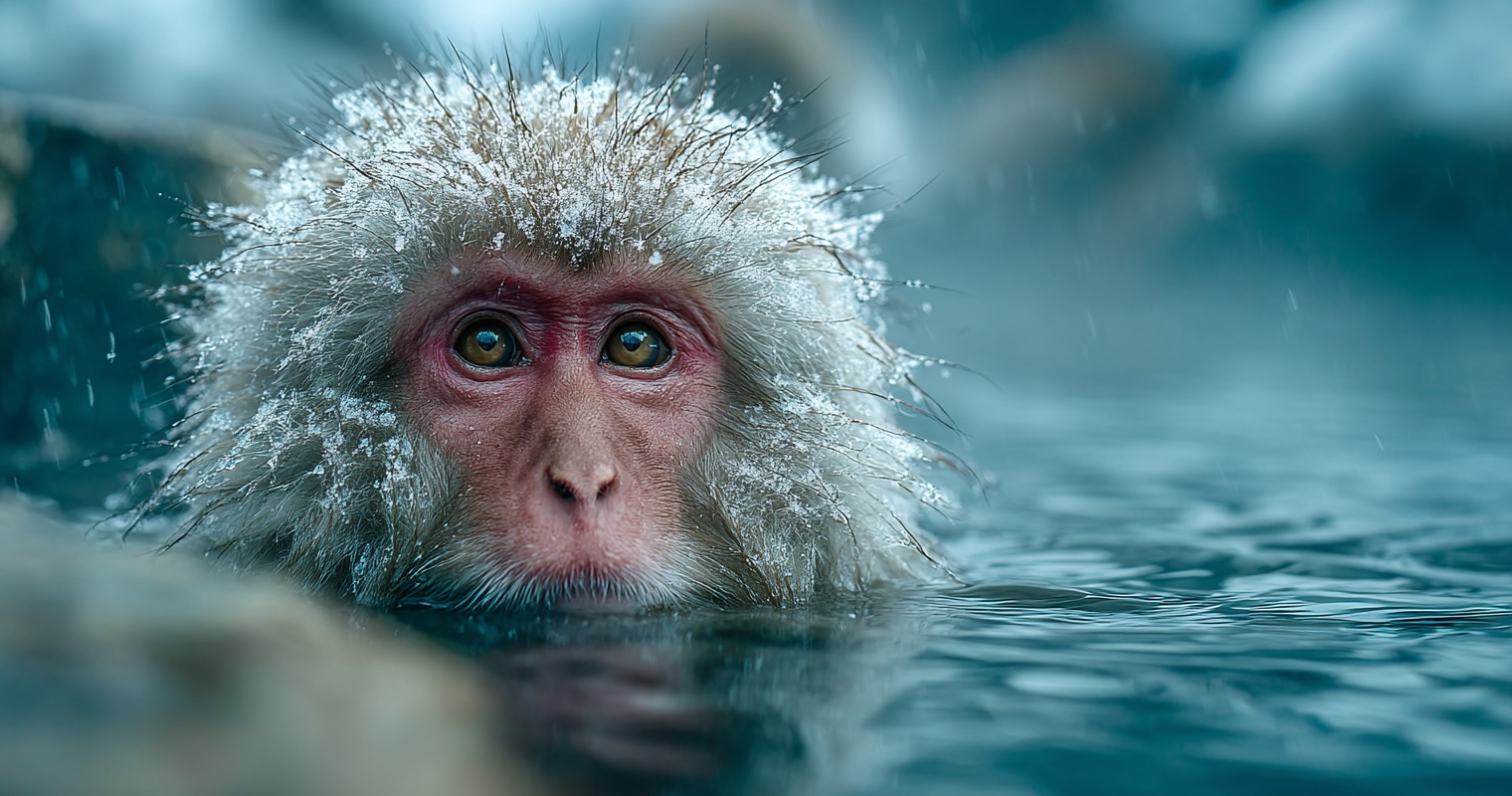 Snow monkey looking directly at camera in hot spring