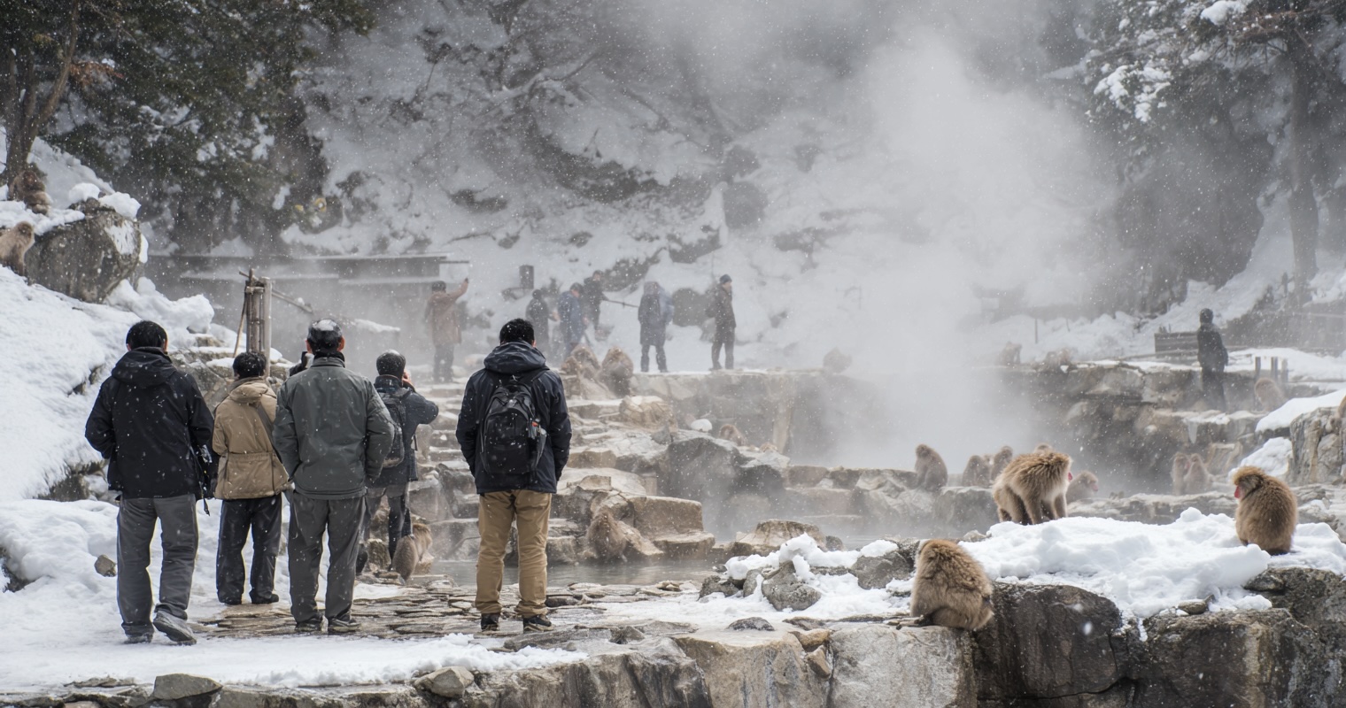 Visitors observing snow monkeys at the hot spring area
