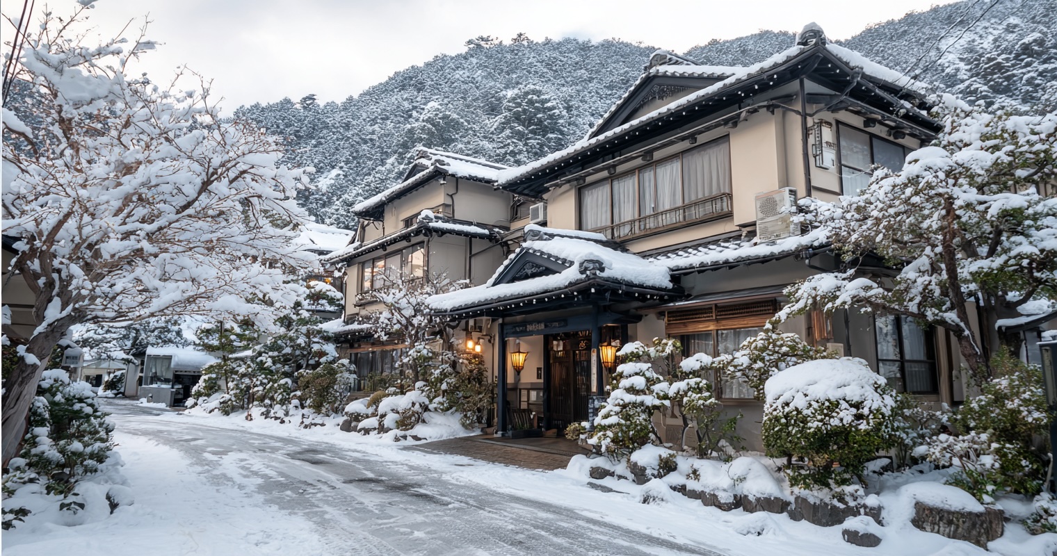 Traditional ryokan in Yudanaka with snow-covered roof