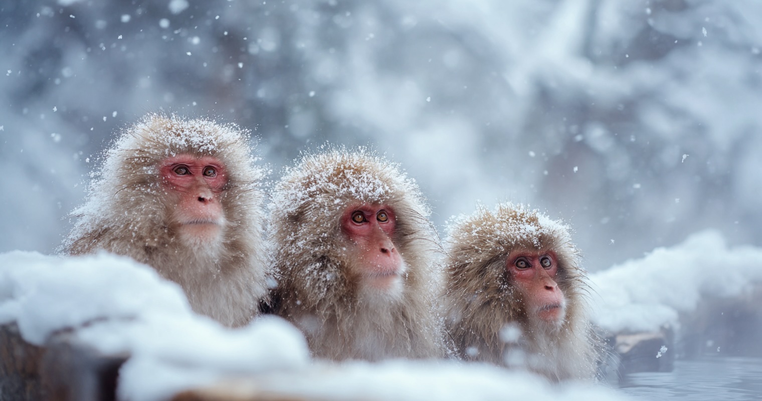 Snow monkeys in winter with snow-covered landscape