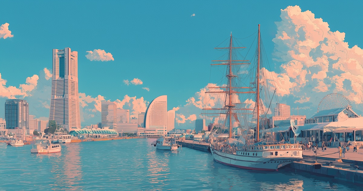 Yokohama harbor view with whimsical filter