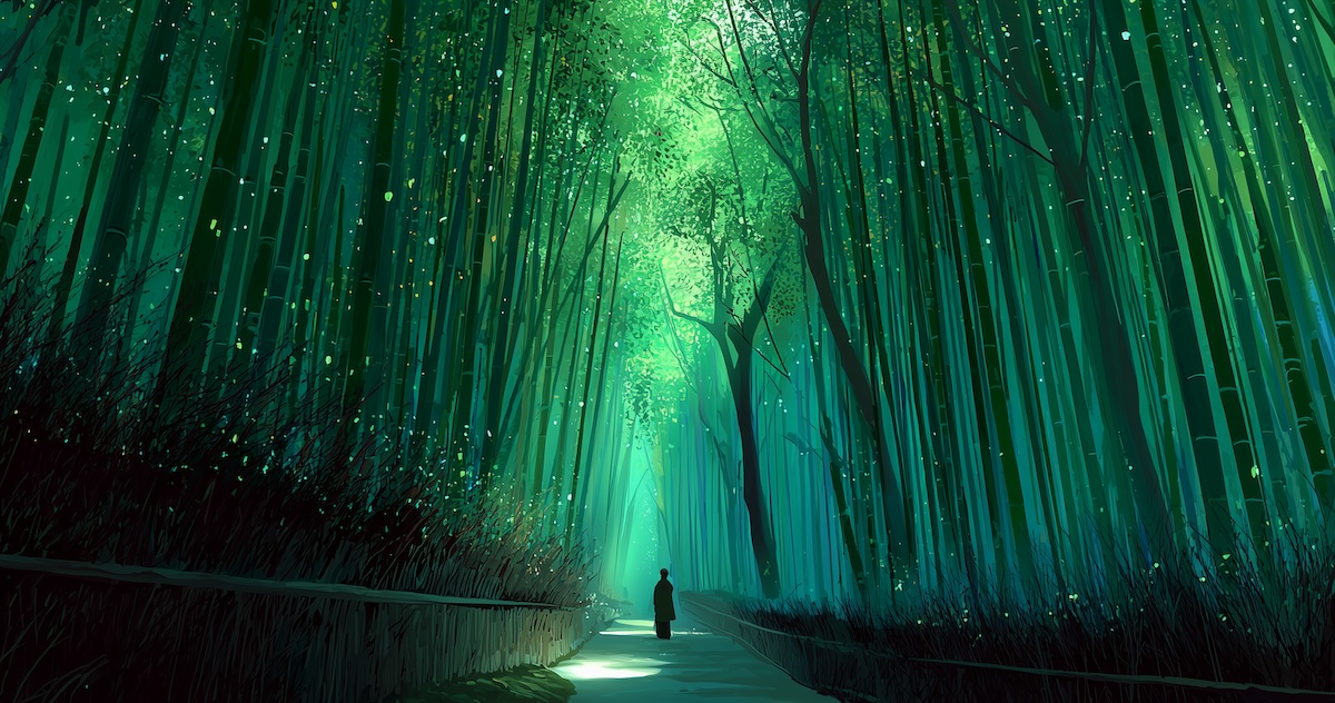 Arashiyama Bamboo Grove with soot sprites overlay