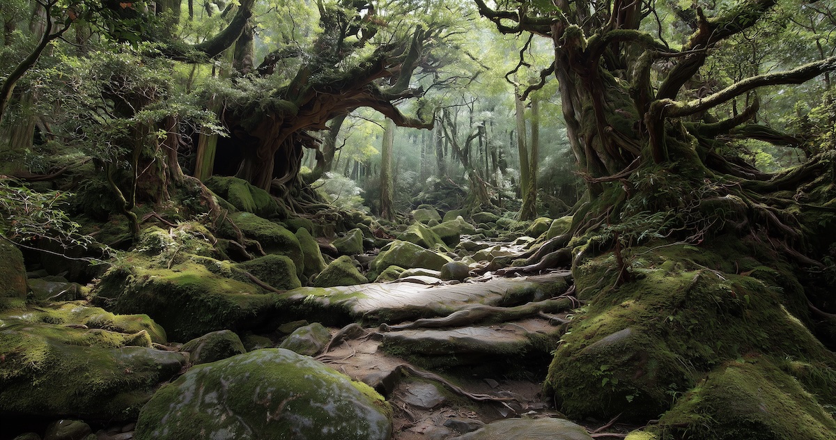 Mossy Yakushima forest with kodama overlay