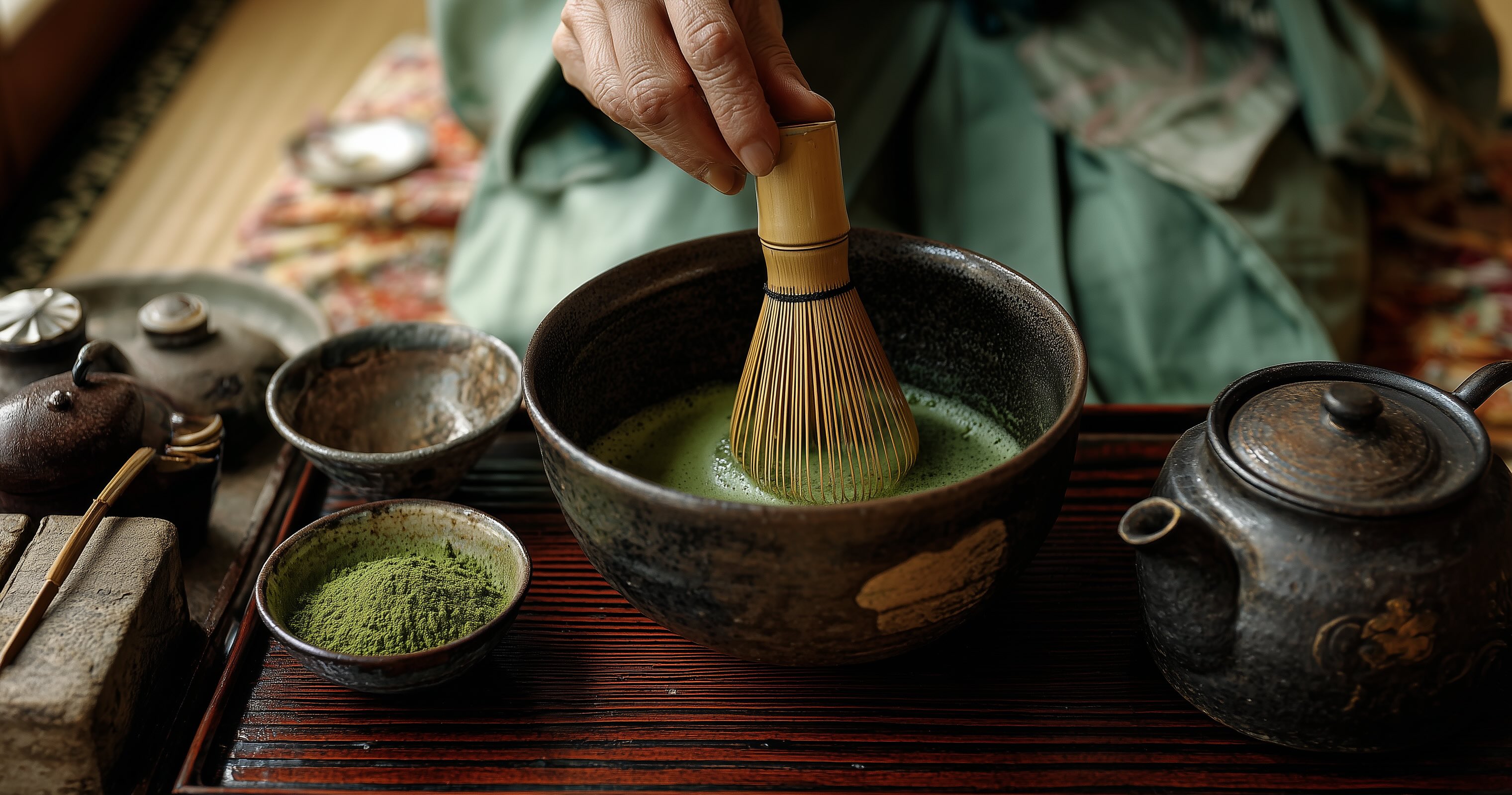 Japanese tea ceremony with matcha being whisked in a traditional tea room