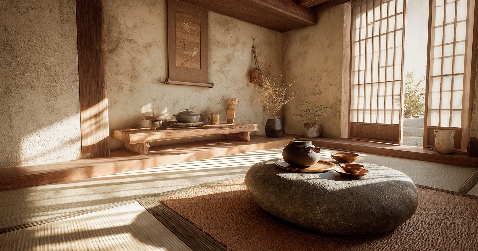 Rustic traditional tea room in Kyoto with wabi-sabi aesthetic