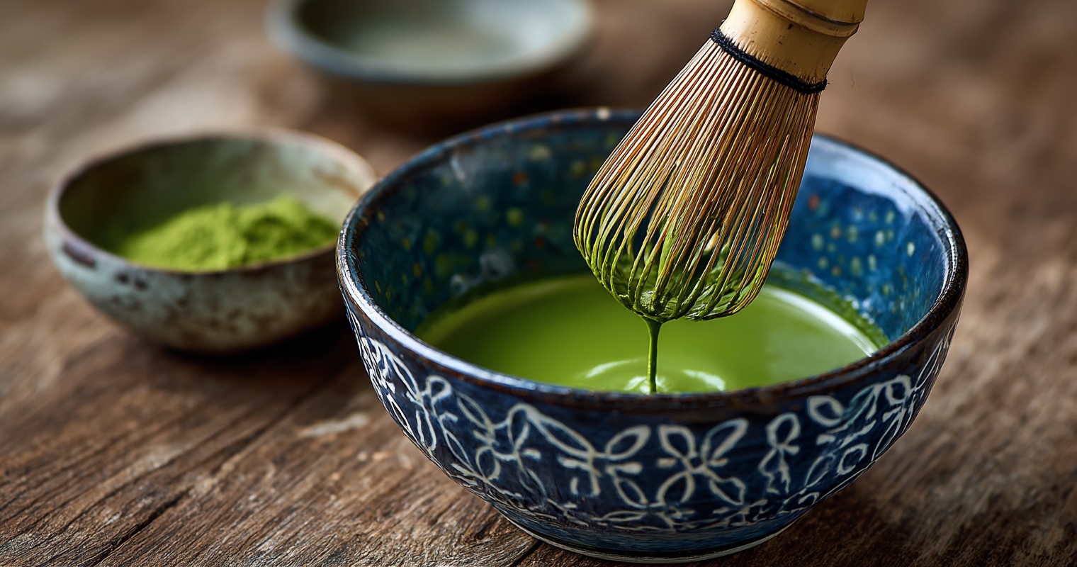 Bright green matcha being whisked in a traditional tea bowl