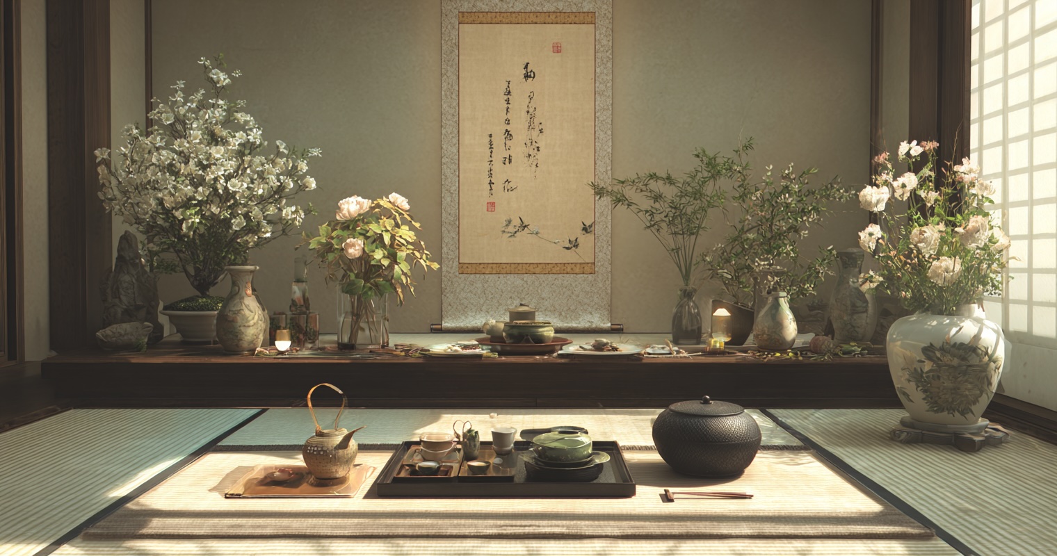 Seasonal scroll, flower arrangement, and tea utensils in a tokonoma alcove