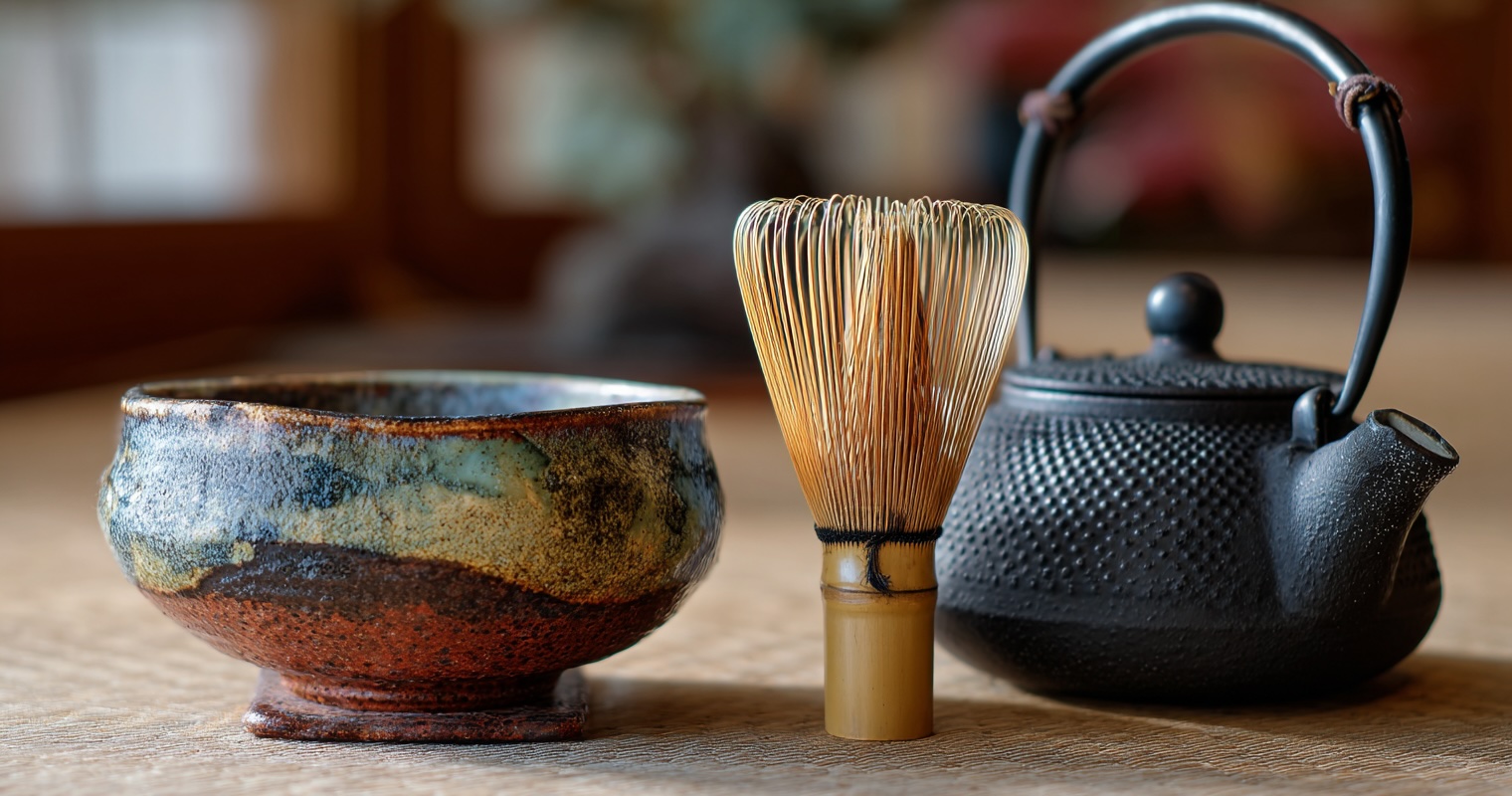 Hand-thrown tea bowl, bamboo whisk, and iron kettle arranged for ceremony