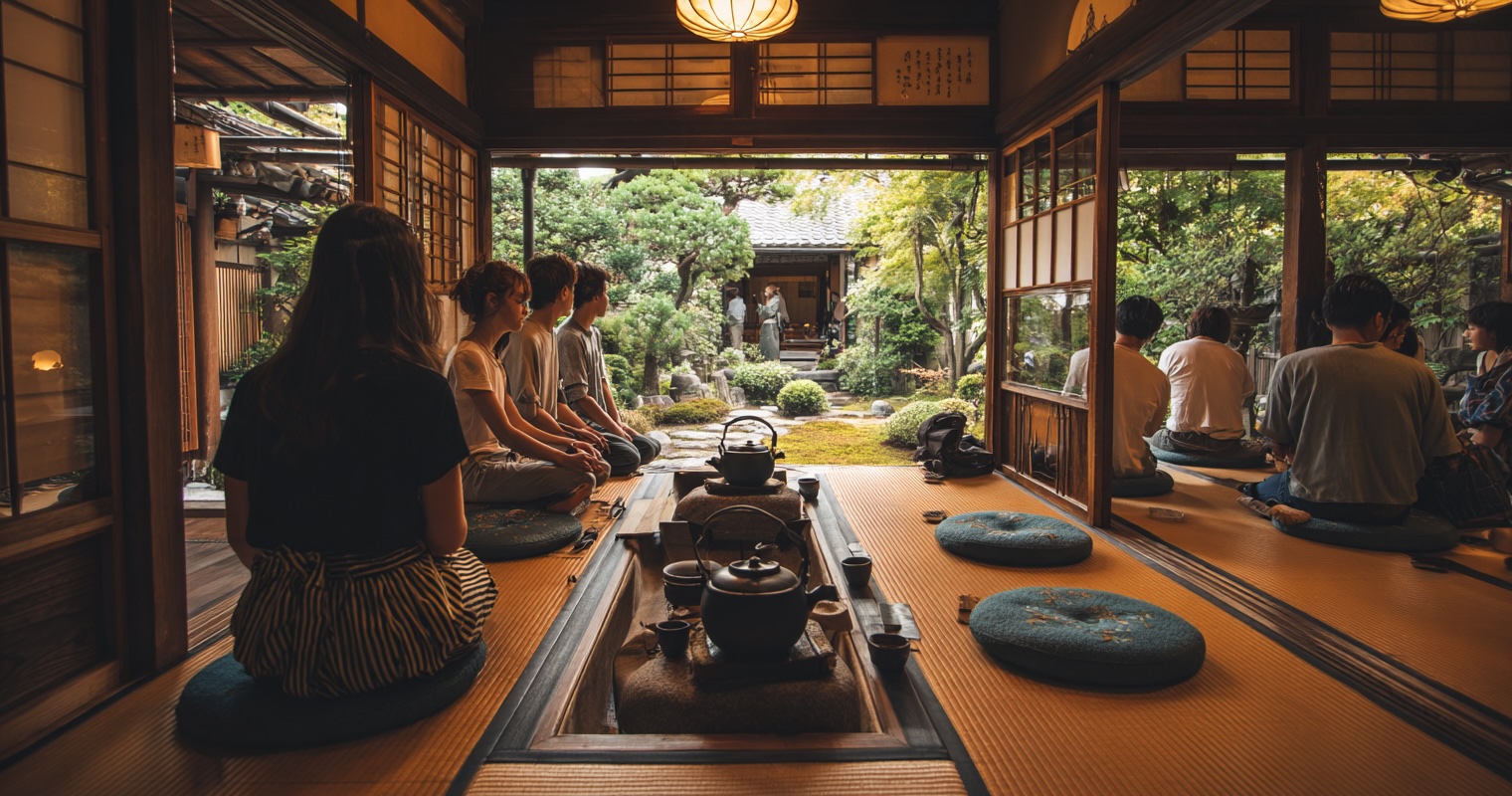 Visitors experiencing a tea ceremony in a historic Kyoto tea house