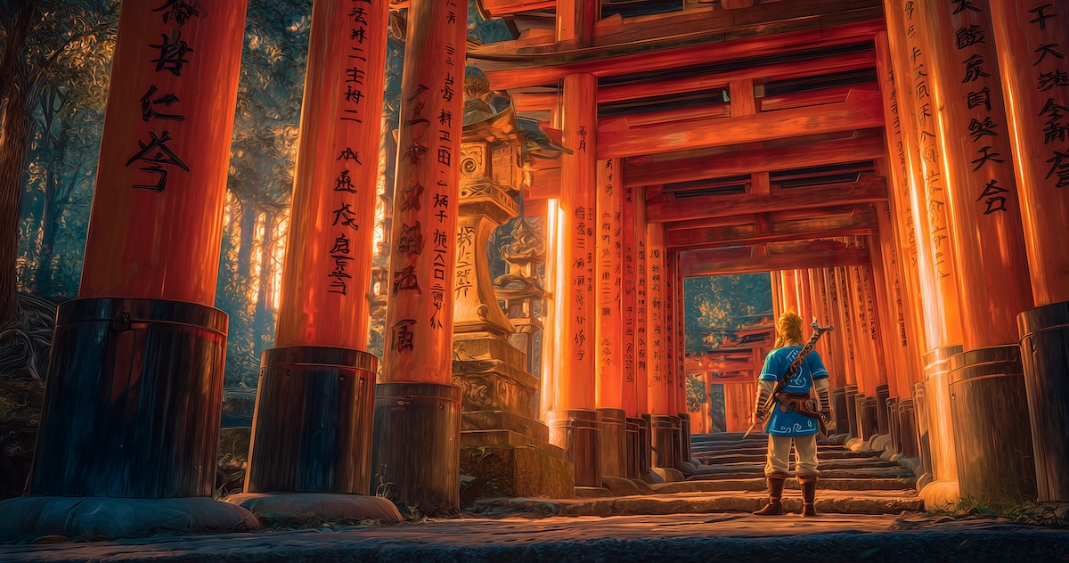 Fushimi Inari torii gates with Zelda cosplay overlay