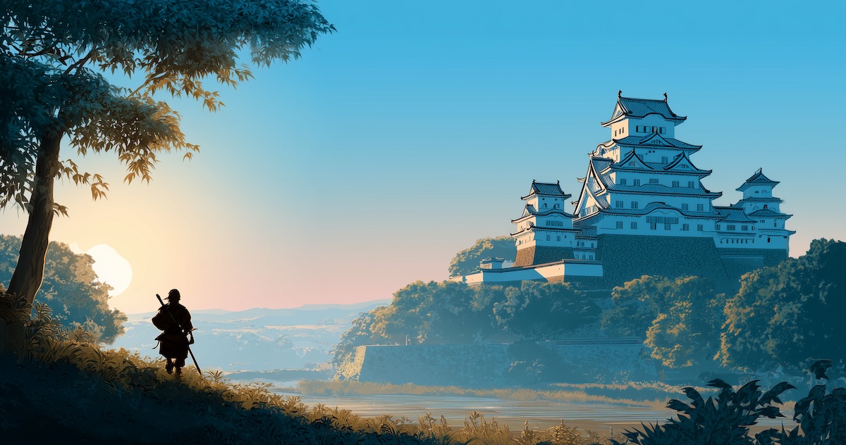 Himeji Castle with Master Sword silhouette in foreground