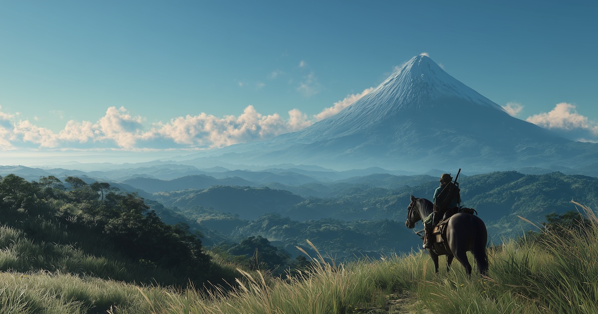 Fuji in the distance with Link on horseback overlay