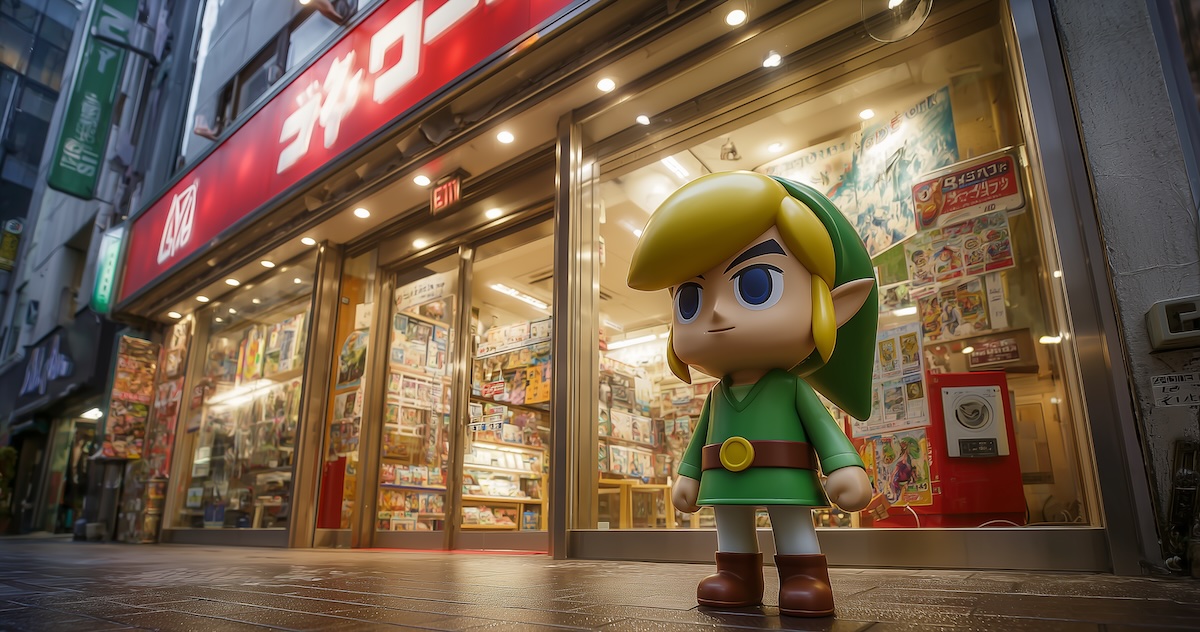 Akihabara game shop exterior with Zelda logo overlay