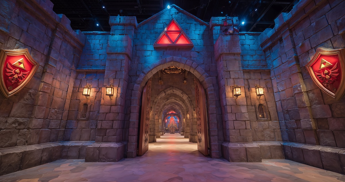 Entrance to Nintendo World with overlay text 'Real-life Dungeon Crawl'