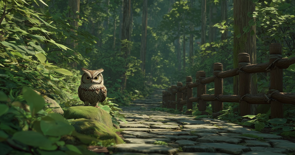 Forest trail in Nikko with quote overlay: 'It's dangerous to go alone…'